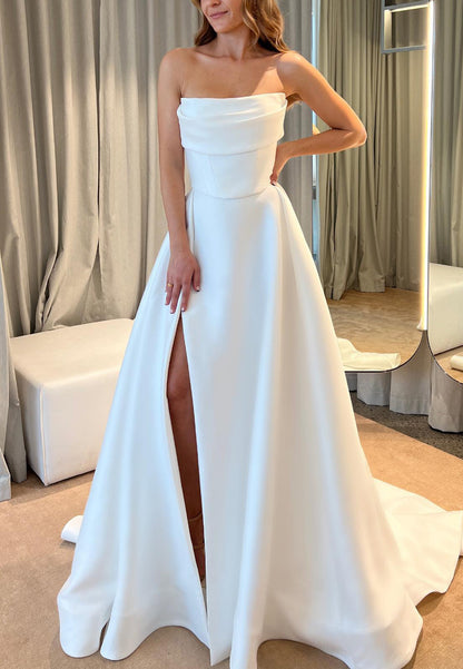 Straight Across Sleeveless Side Slit A-Line Wedding Dress