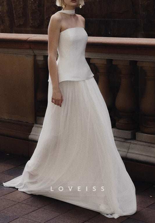 Straight Across Sleeveless Simple Beach A-Line Weddiing Dress