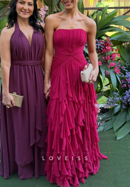 Straight Across Sleeveless  Tiered Ruffles A-Line Wedding Guest Dress