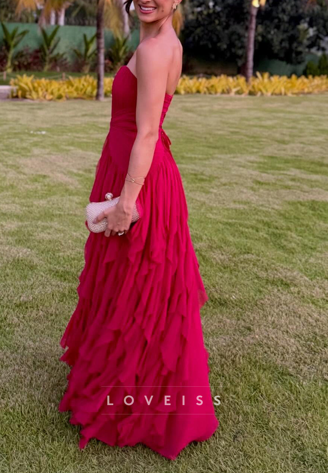 Straight Across Sleeveless  Tiered Ruffles A-Line Wedding Guest Dress