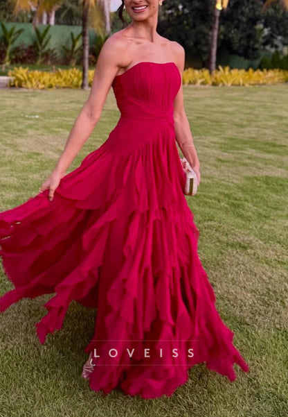 Straight Across Sleeveless  Tiered Ruffles A-Line Wedding Guest Dress