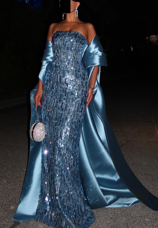 Straight Across Sleevelesss Sequins Sparkly Mermaid Evening Dress