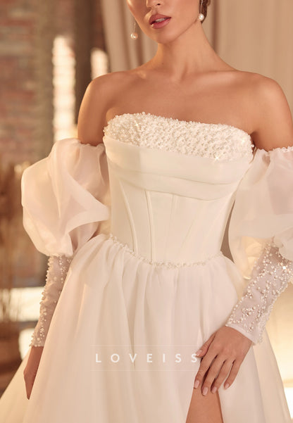 Straight Across Sleeves Beaded A-Line Wedding Dress