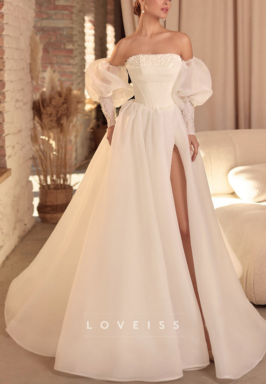 Straight Across Sleeves Beaded A-Line Wedding Dress