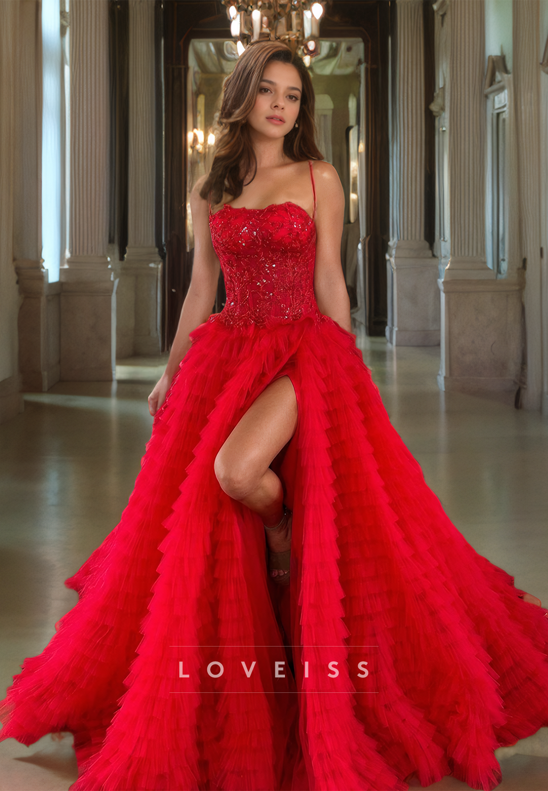 Straight Across Spaghetti Straps AppliquesTiered A-Line Red Prom Dress