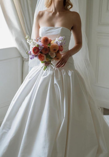 Straight Across Strapless Pleated A-Line Wedding Dress