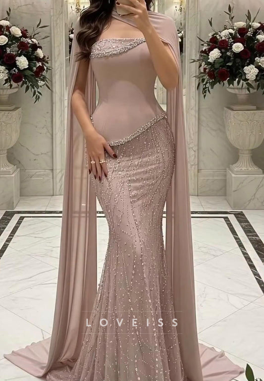 Straight Aross Beaded Embroidery Mermaid Evening Dress with Shawl