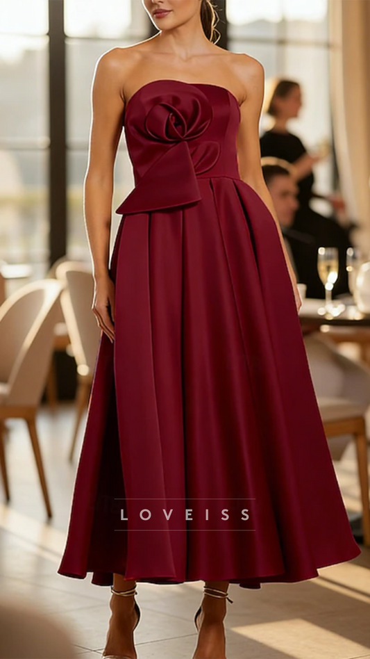 Strapless 3D Floral A-Line Wedding Guest Dress