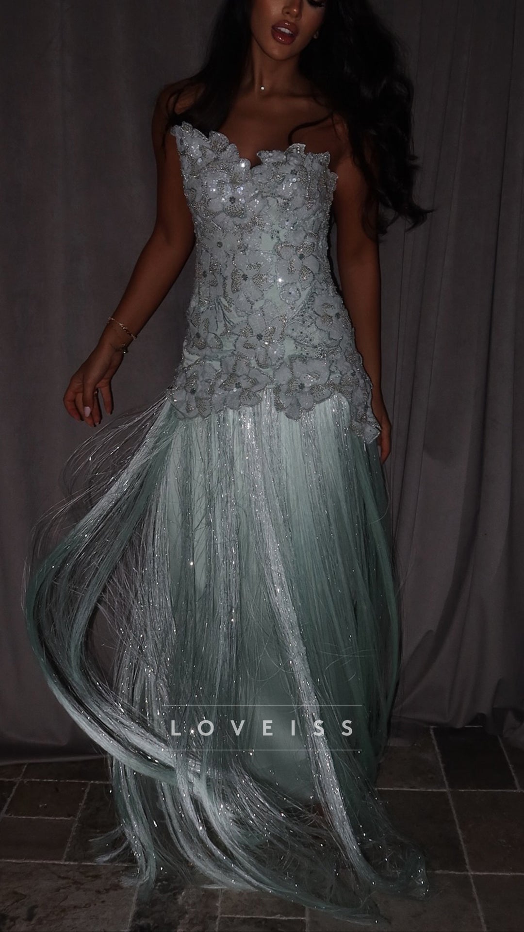 Strapless Appliques Beaded Fringe A-Line Prom Dress