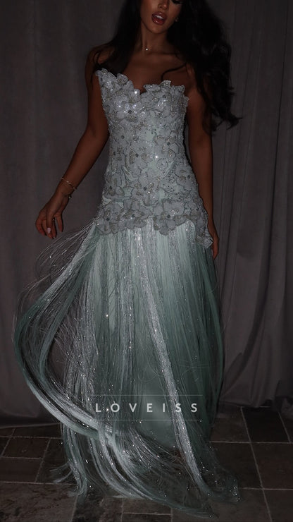 Strapless Appliques Beaded Fringe A-Line Prom Dress