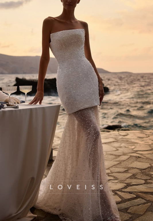 Strapless Beaded Embroidery Sparkly Beach Summer Wedding Dress