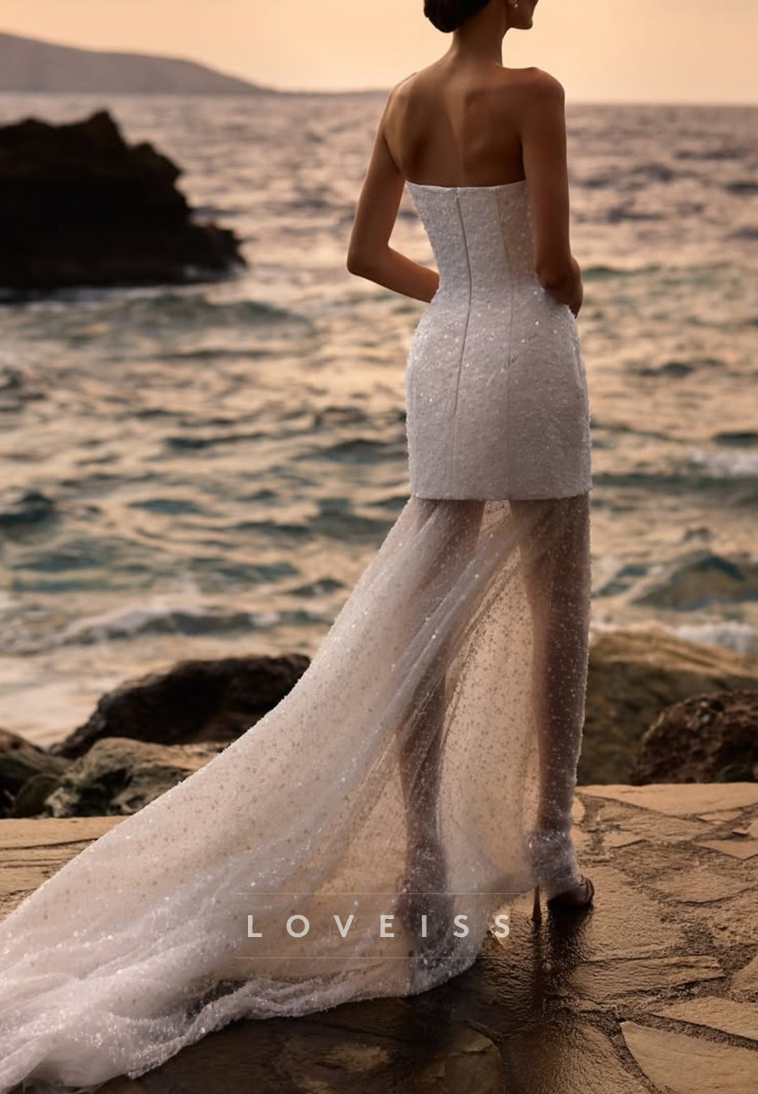 Strapless Beaded Embroidery Sparkly Beach Summer Wedding Dress
