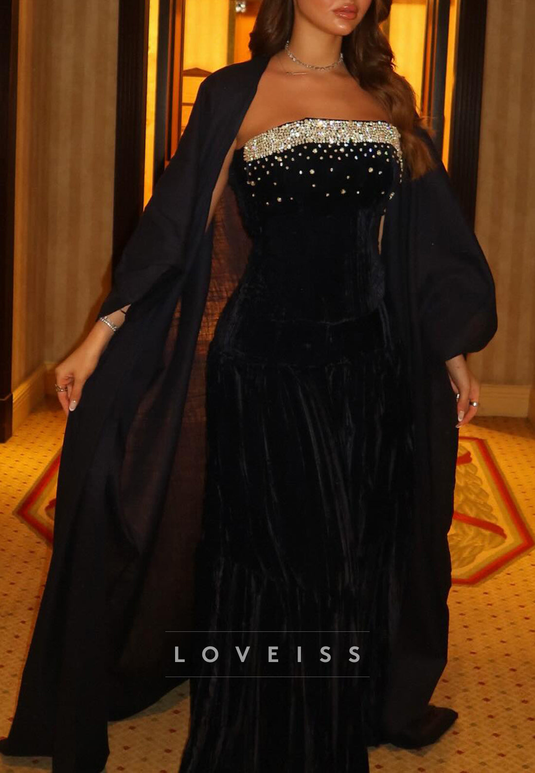 Strapless Beaded Sheath Evening Dress with Shawl