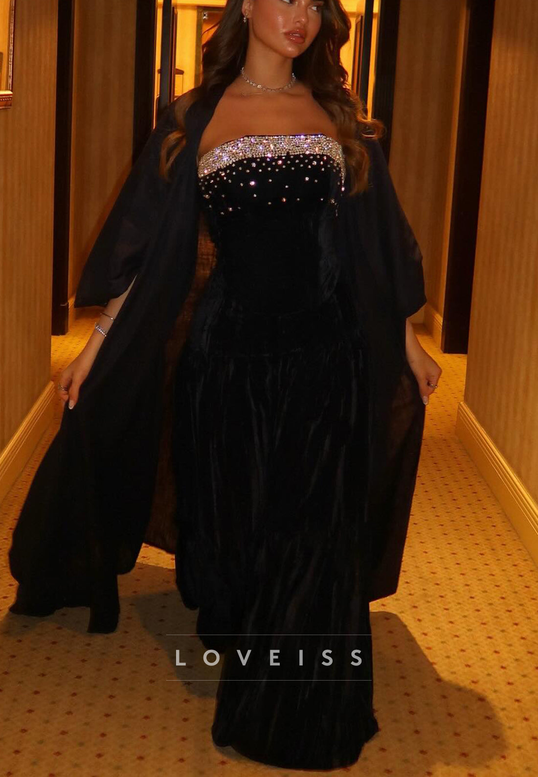 Strapless Beaded Sheath Evening Dress with Shawl