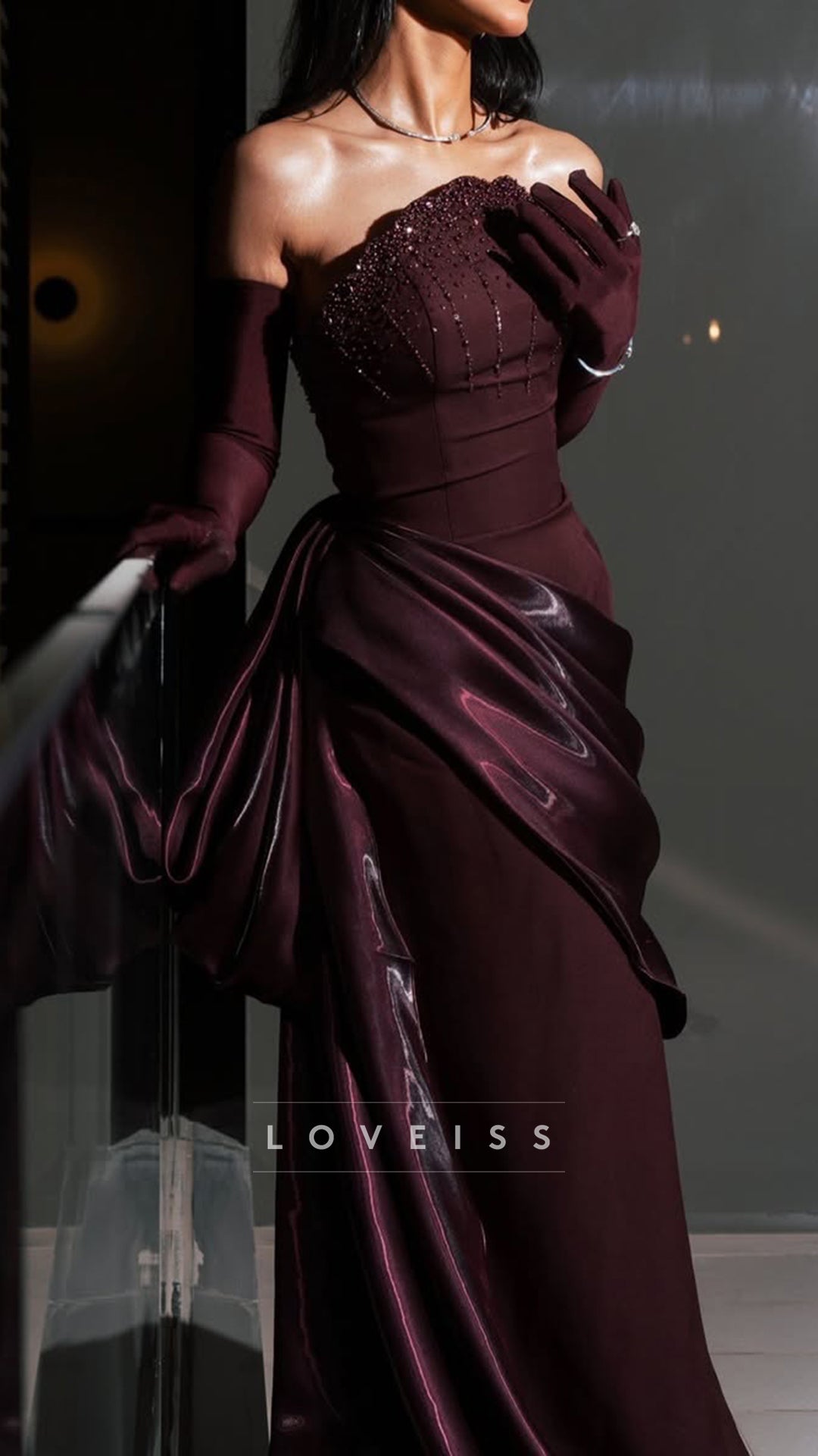 Strapless Beaded Sleek Satin Mermaid Evening Dress