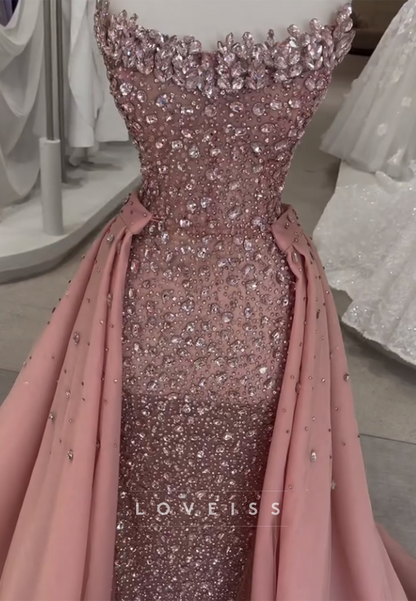 Strapless Beaded Sparkly Sheath Steel Pink Prom Dress