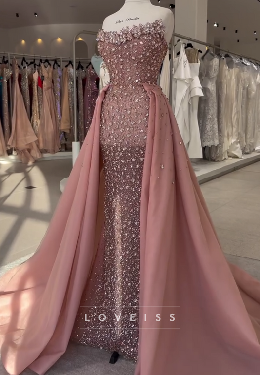 Strapless Beaded Sparkly Sheath Steel Pink Prom Dress
