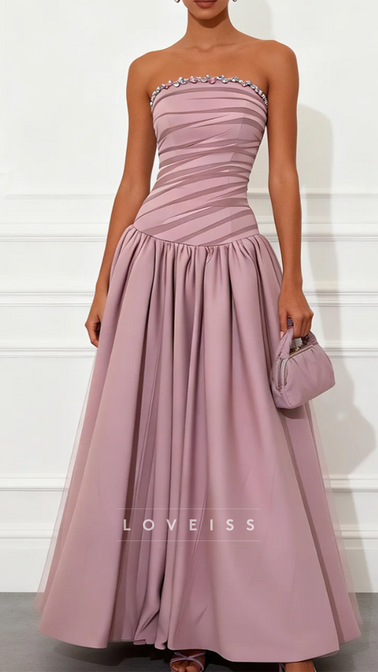 Strapless Corset Sleeveless Satin A-Line Wedding Guest Dress