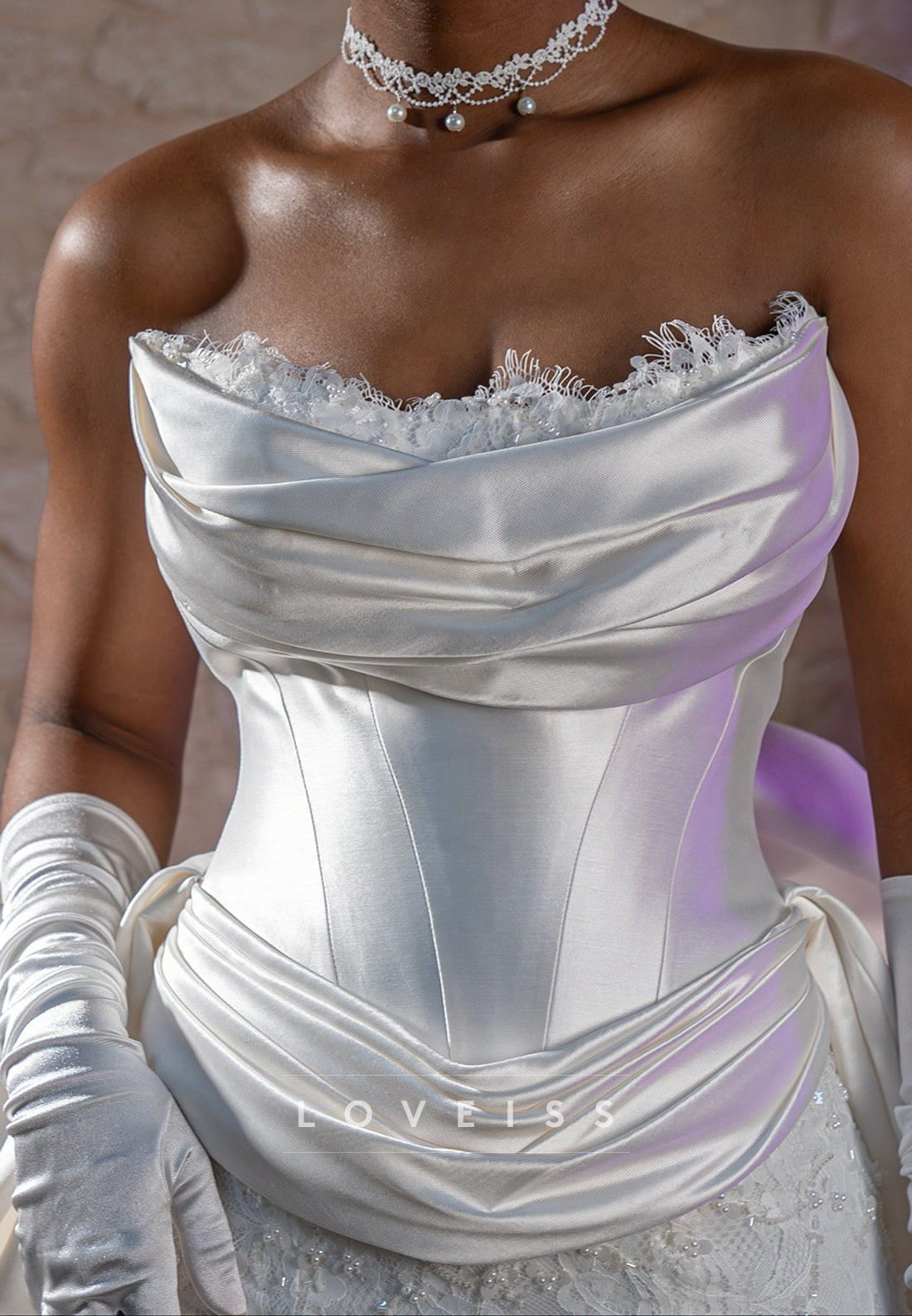 Strapless Detachable Train Lace Appliques Mermaid Wedding Dress