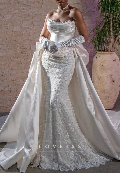 Strapless Detachable Train Lace Appliques Mermaid Wedding Dress