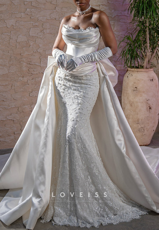 Strapless Detachable Train Lace Appliques Mermaid Wedding Dress
