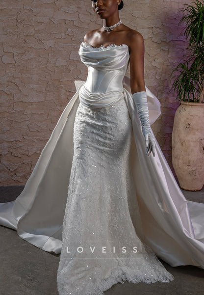 Strapless Detachable Train Lace Appliques Mermaid Wedding Dress