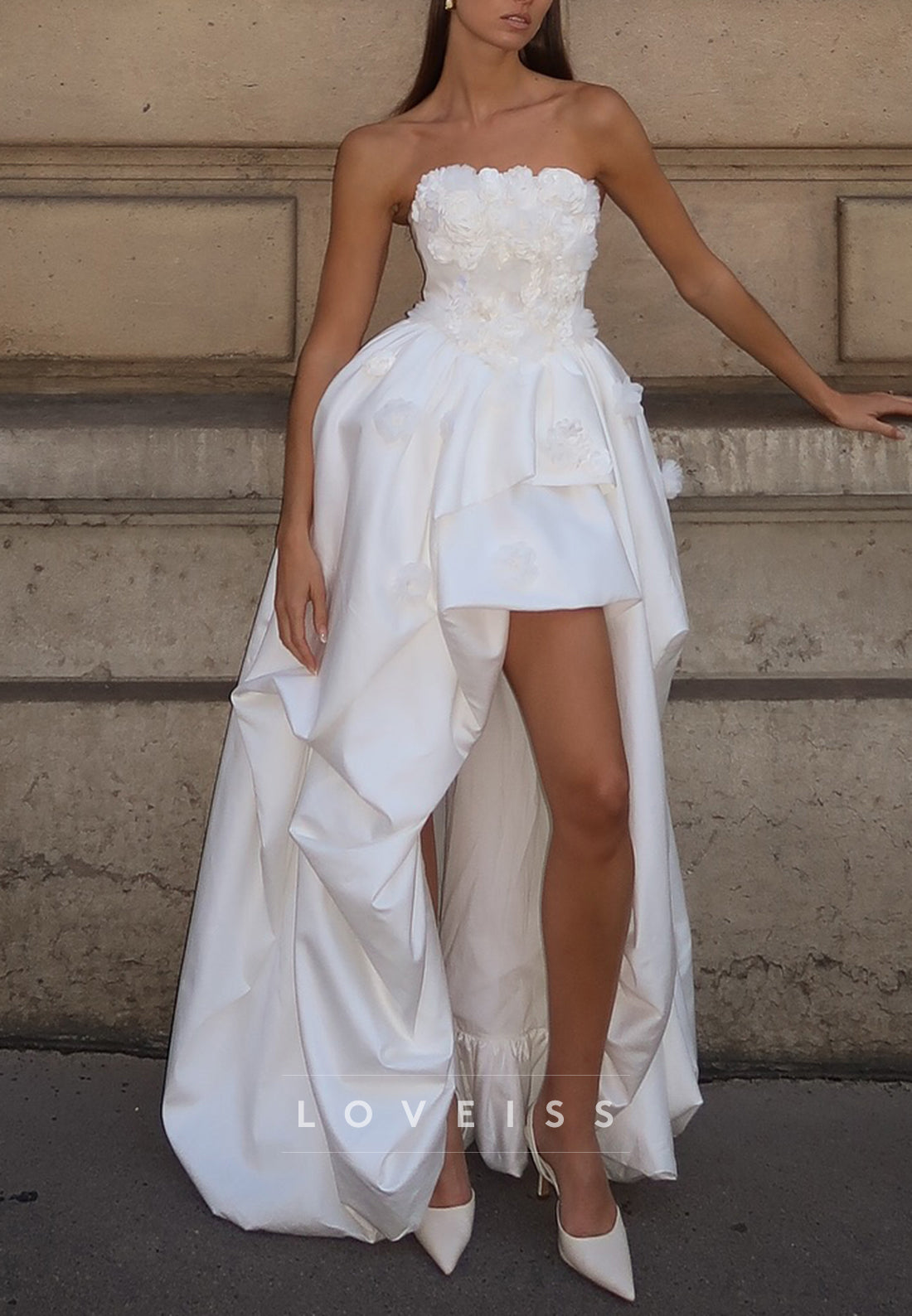 Strapless Floral Appliques High Low A-Line Wedding Dress