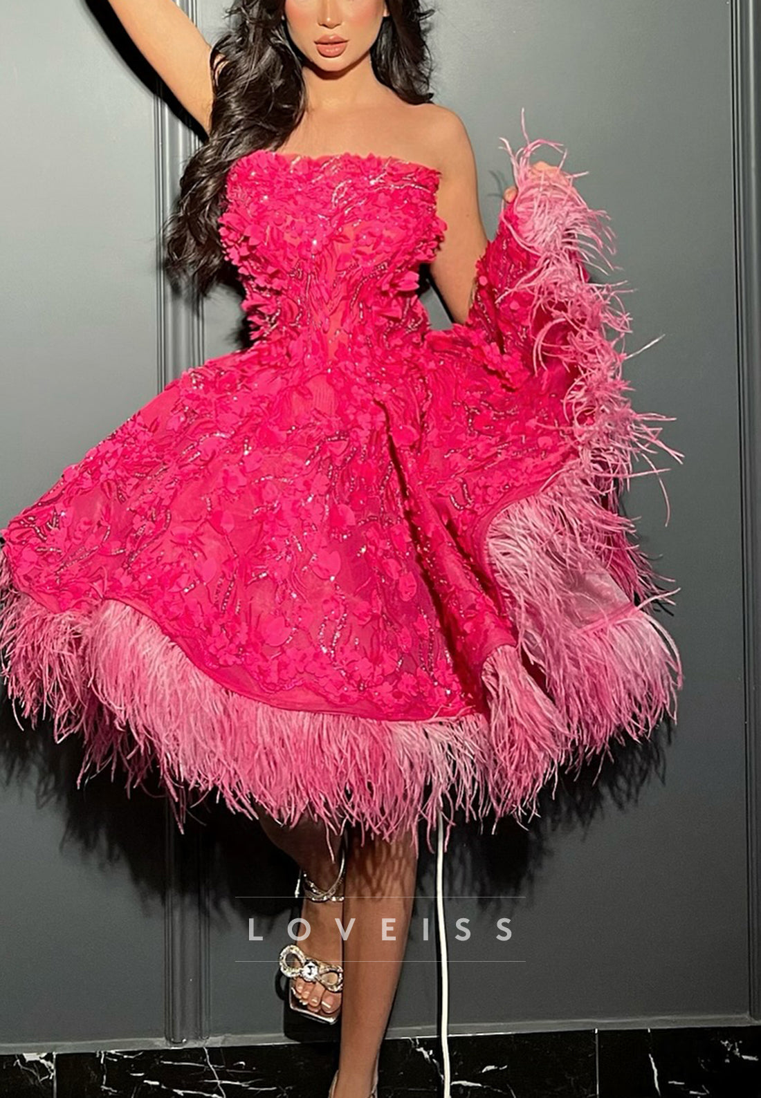 Strapless Floral Embellished Feathered A-Line Prom Dress
