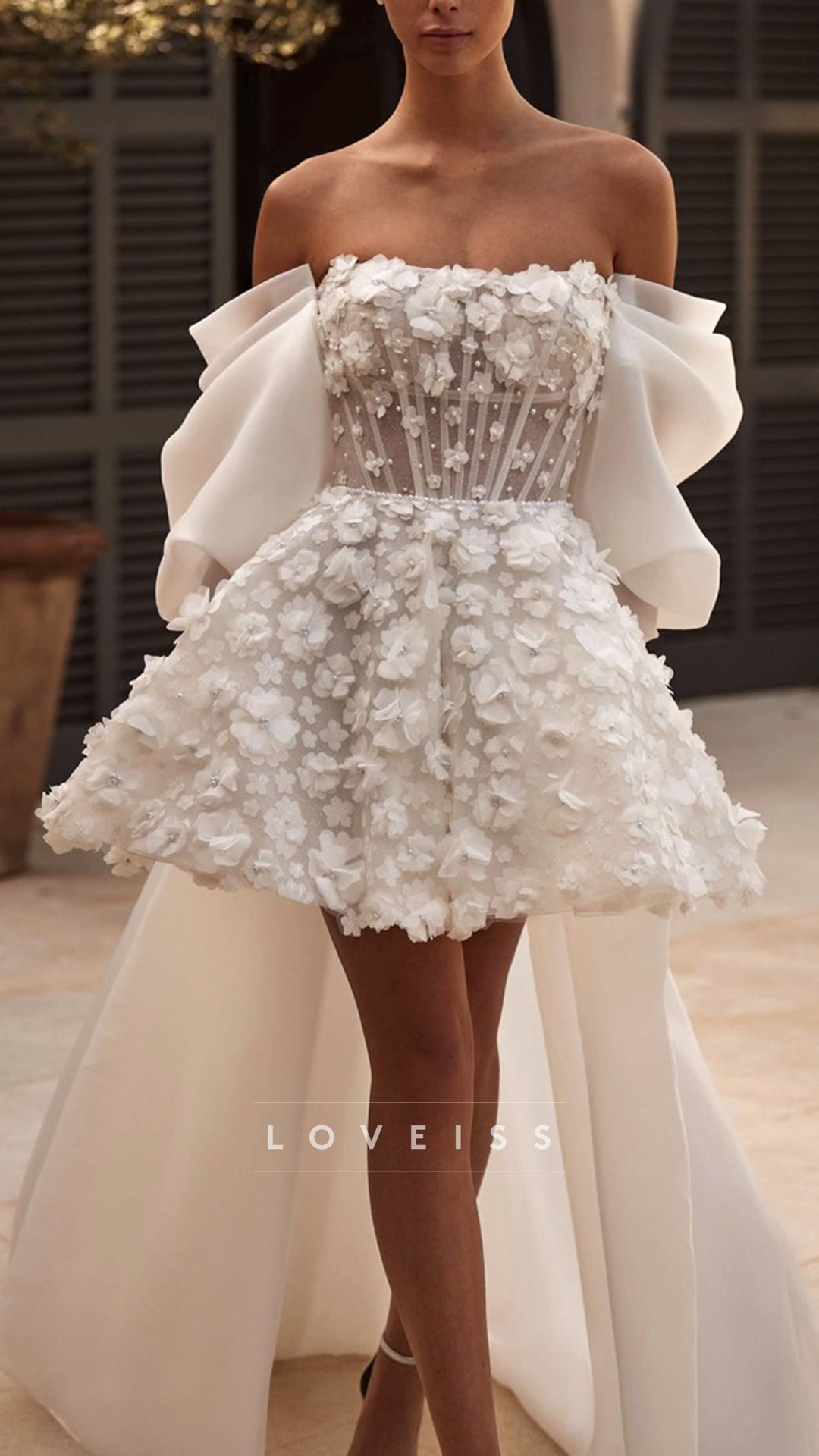Strapless Floral Embellished Short A-Line Weddingg Dress