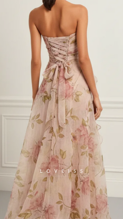 Strapless Floral Printed Ruffles A-Line Wedding Guest Dress