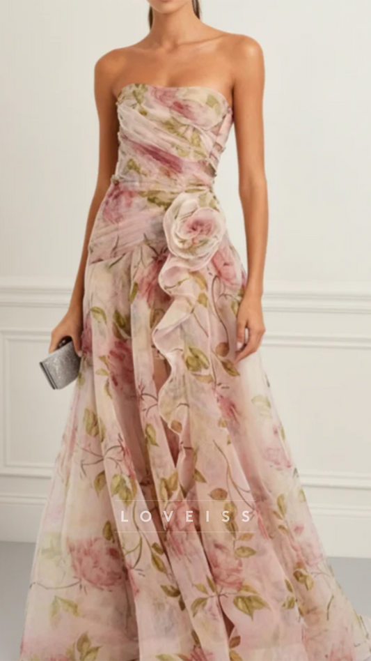 Strapless Floral Printed Ruffles A-Line Wedding Guest Dress