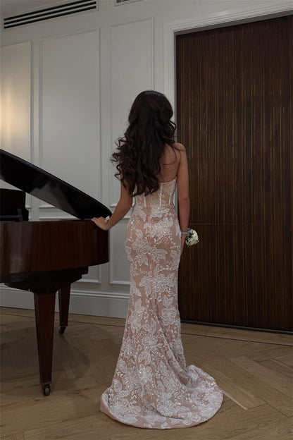 Strapless Ivory and Nude Beaded Fitted Long Dress