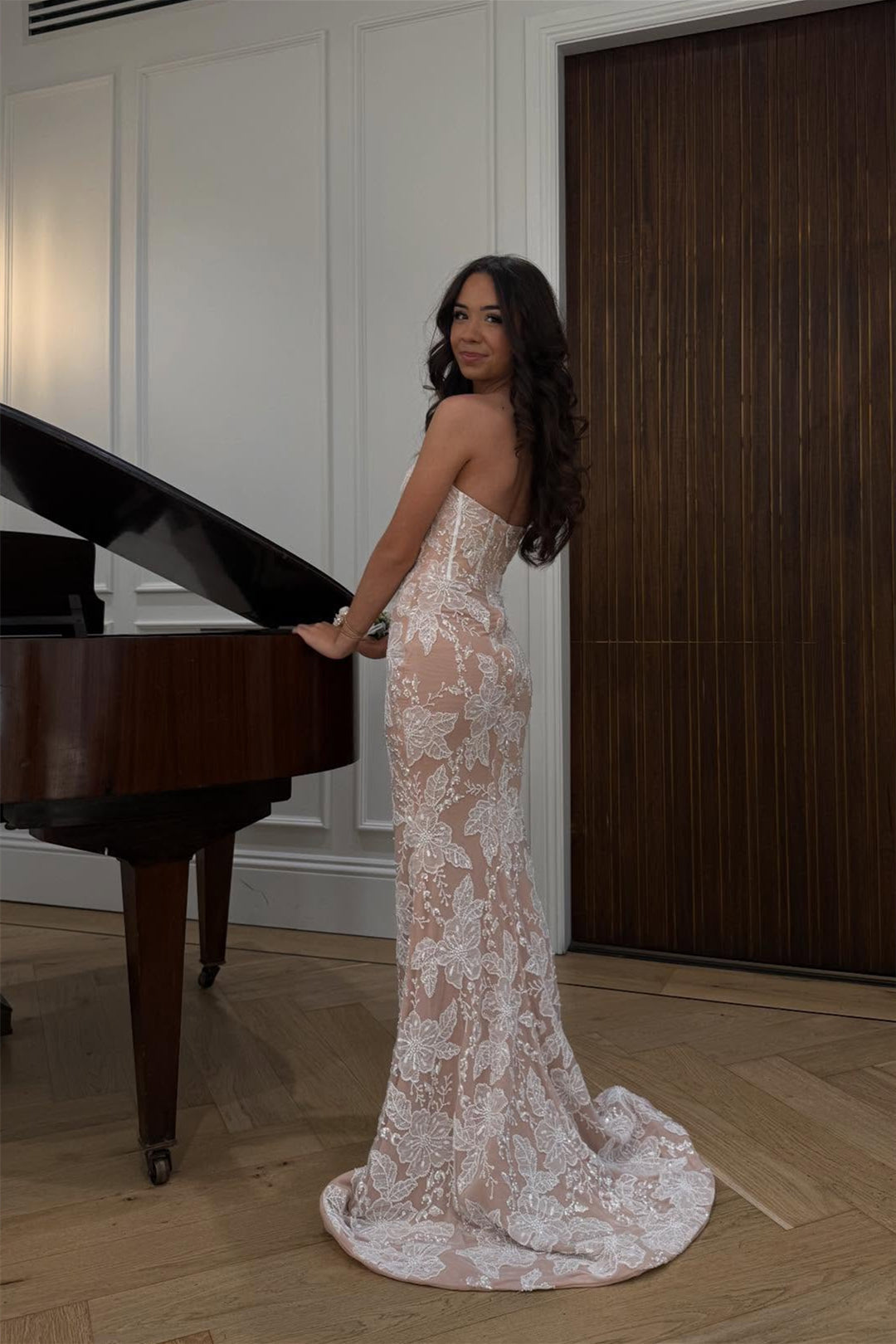 Strapless Ivory and Nude Beaded Fitted Long Dress