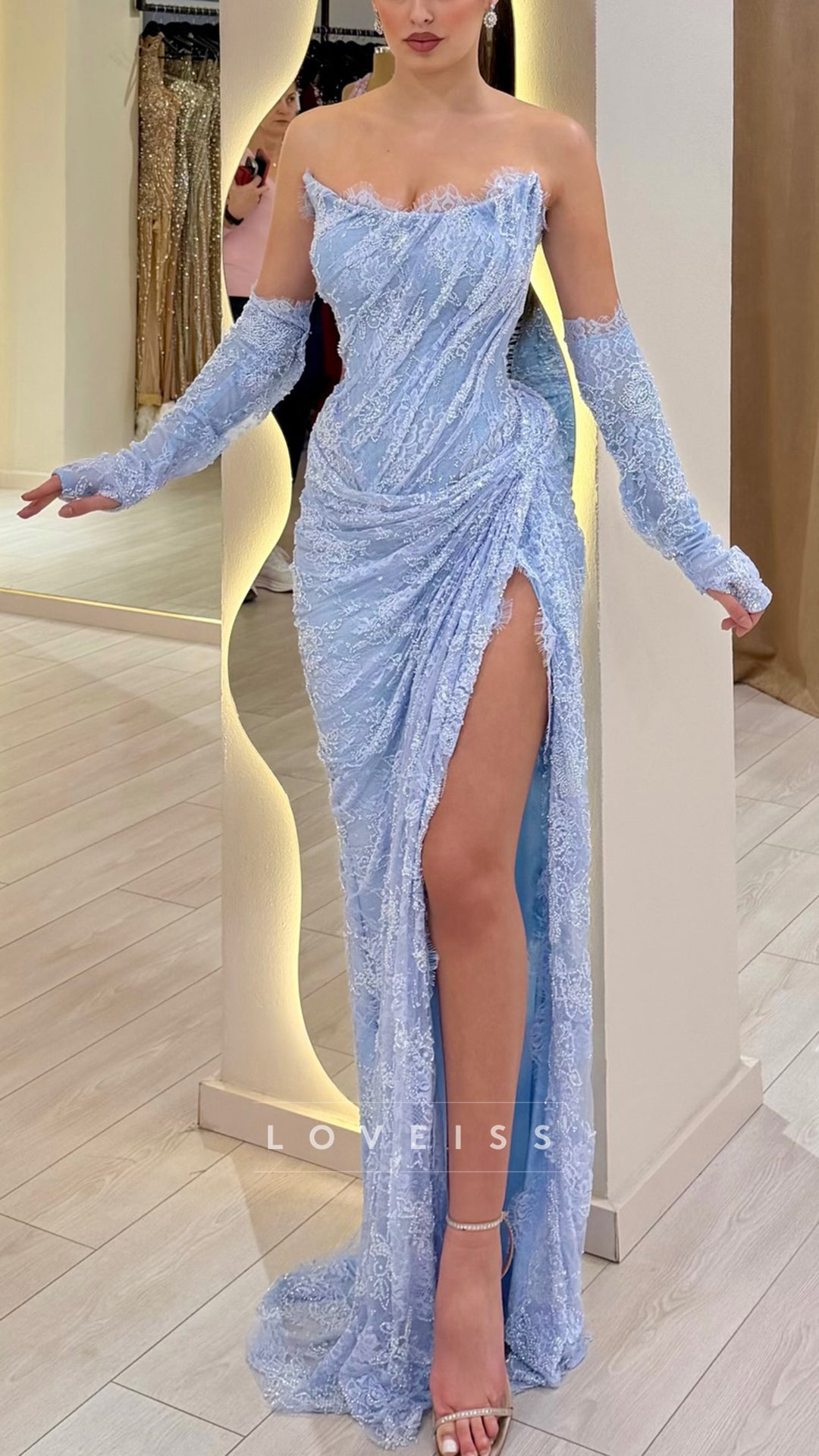 Strapless Lace Appliques Sheath Prom Dress with Gloves