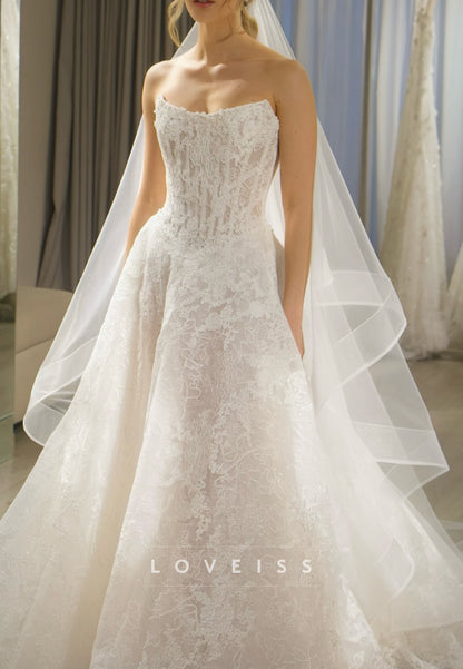 Strapless Lace Appliques Sleeveless A-Line Wedding Dress