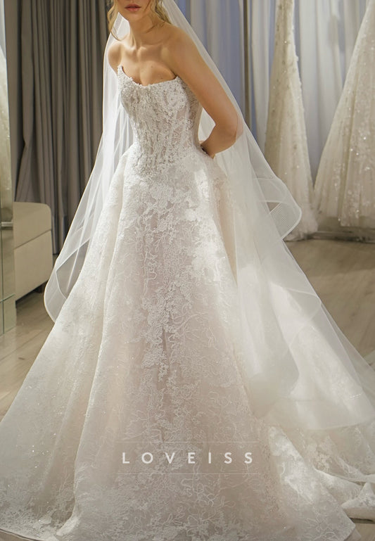 Strapless Lace Appliques Sleeveless A-Line Wedding Dress