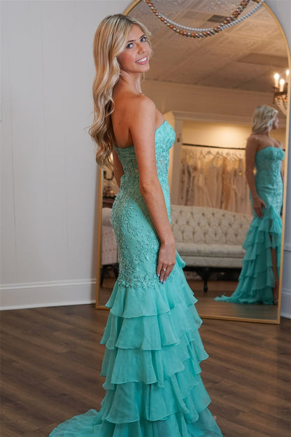 Strapless Mint Appliques Tiered Chiffon Long Dress