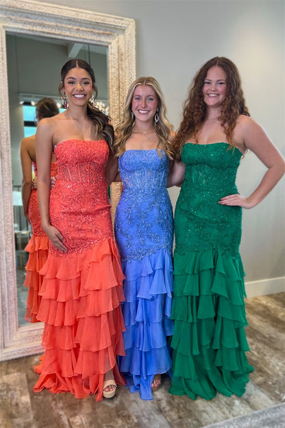 Strapless Mint Appliques Tiered Chiffon Long Dress