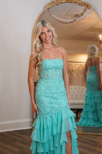 Strapless Mint Appliques Tiered Chiffon Long Dress