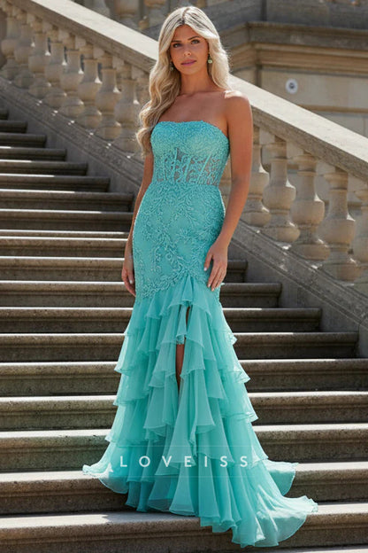Strapless Mint Appliques Tiered Chiffon Long Dress