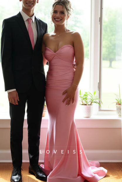 Strapless Pink Ruched Back Tie Mermaid Long Dress