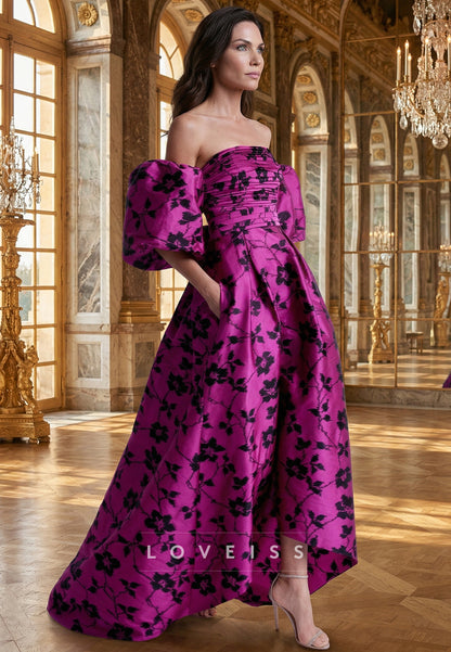 Strapless Puff Sleeves Floral Printed A-Line Mother of Bride Dress