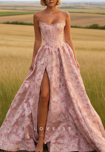 Strapless Satin Floral Printed A-Line Satin Prom Dress