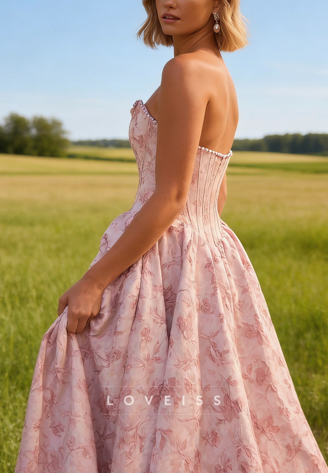 Strapless Satin Floral Printed A-Line Satin Prom Dress