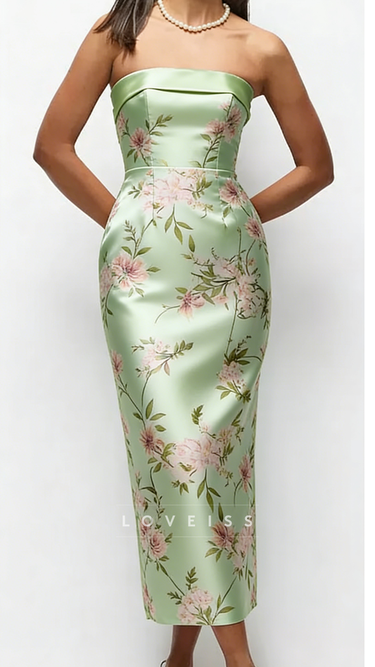 Strapless Satin Floral Printed Mermaid Maxi Formal Dress