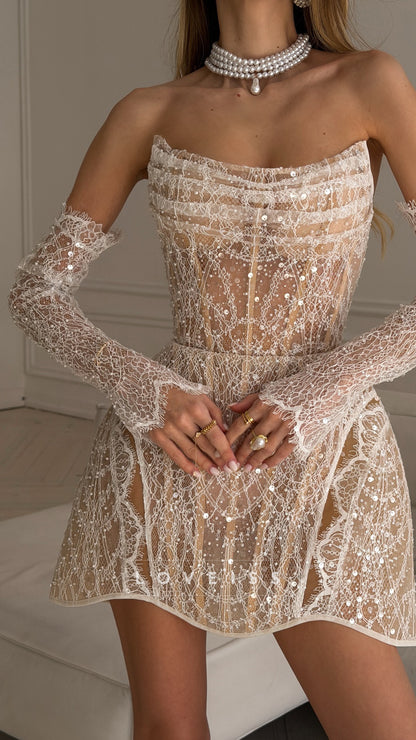 Strapless Sequins Appliques Short Wedding Dress with Gloves