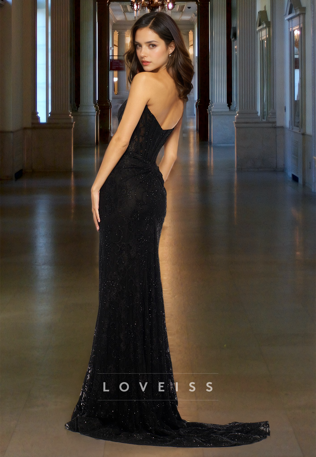 Strapless Sleeveless Appliques Ruched High Slit Sheath Prom Dress