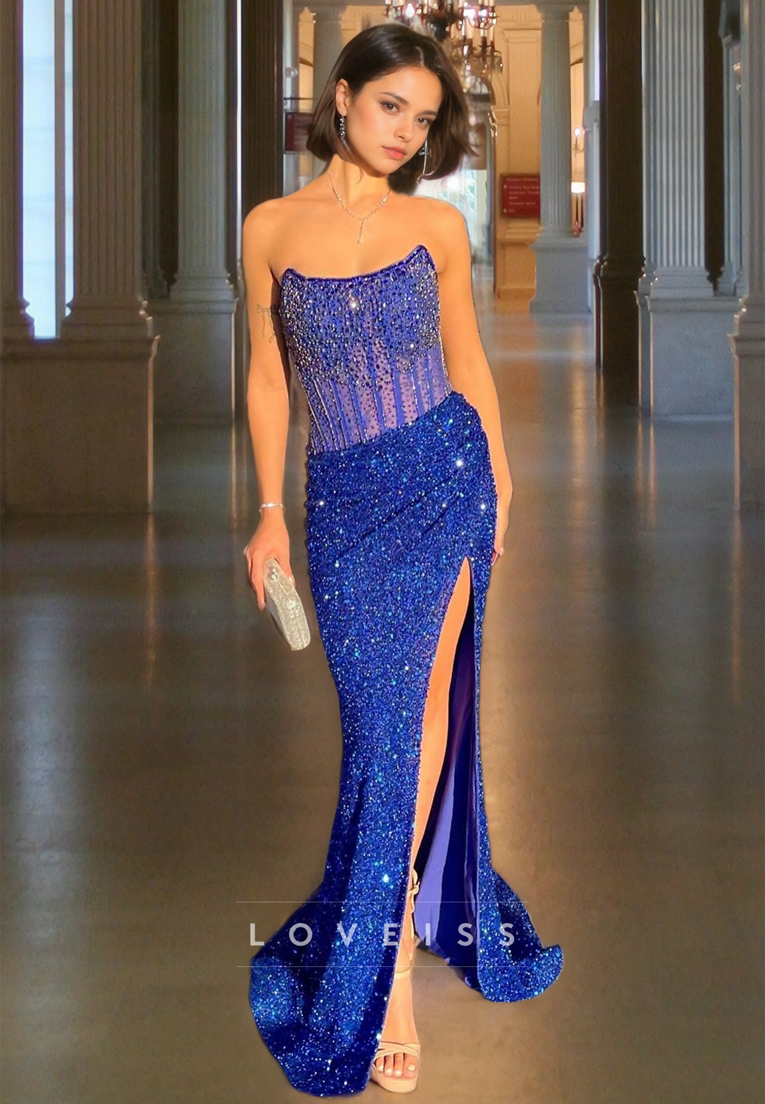 Strapless Sleeveless Beaded Ruched Sequins Sparkly Prom Dress