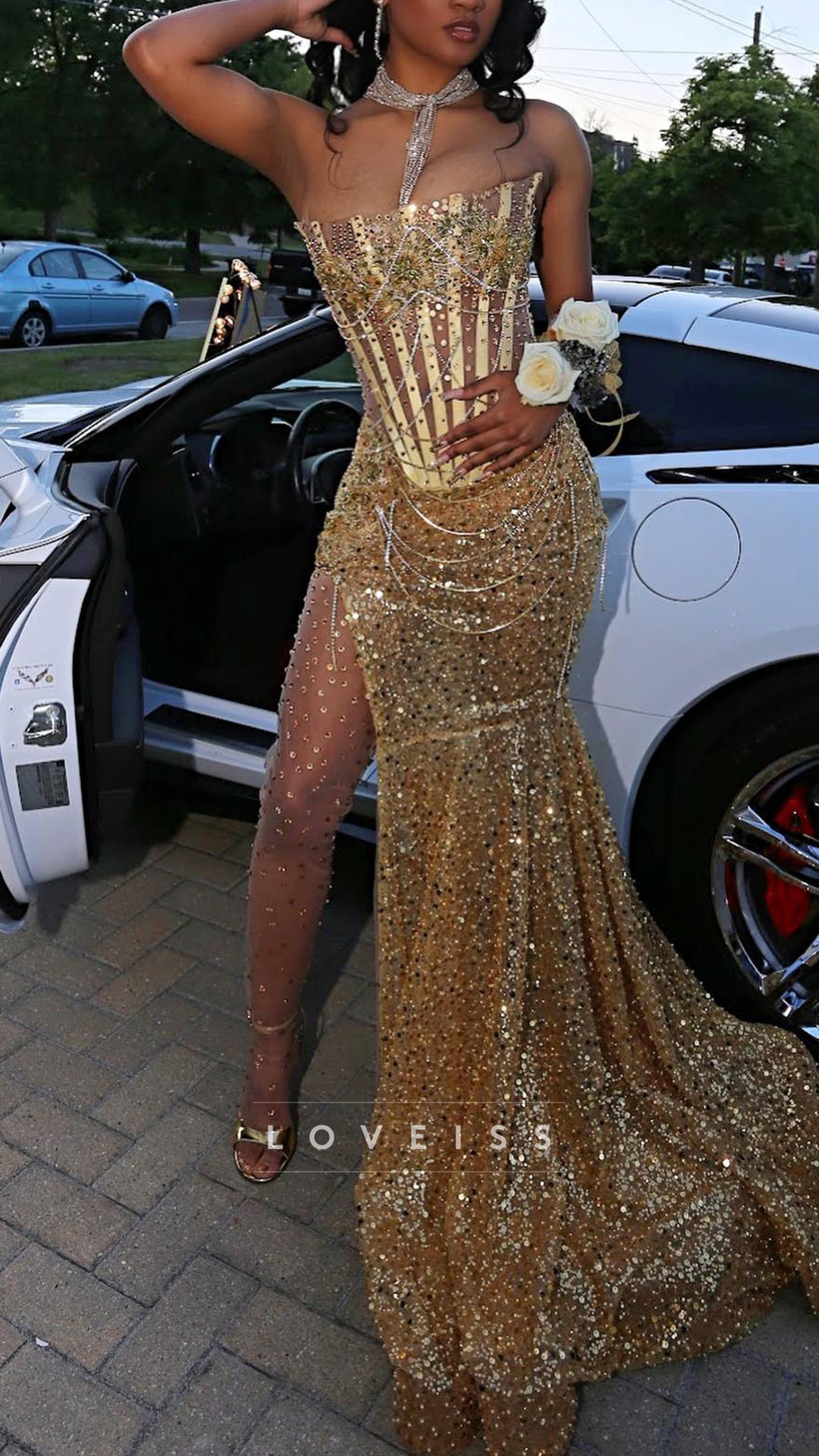 Strapless Sleeveless Beaded Sequins Sparkly Mermaid Prom Dress