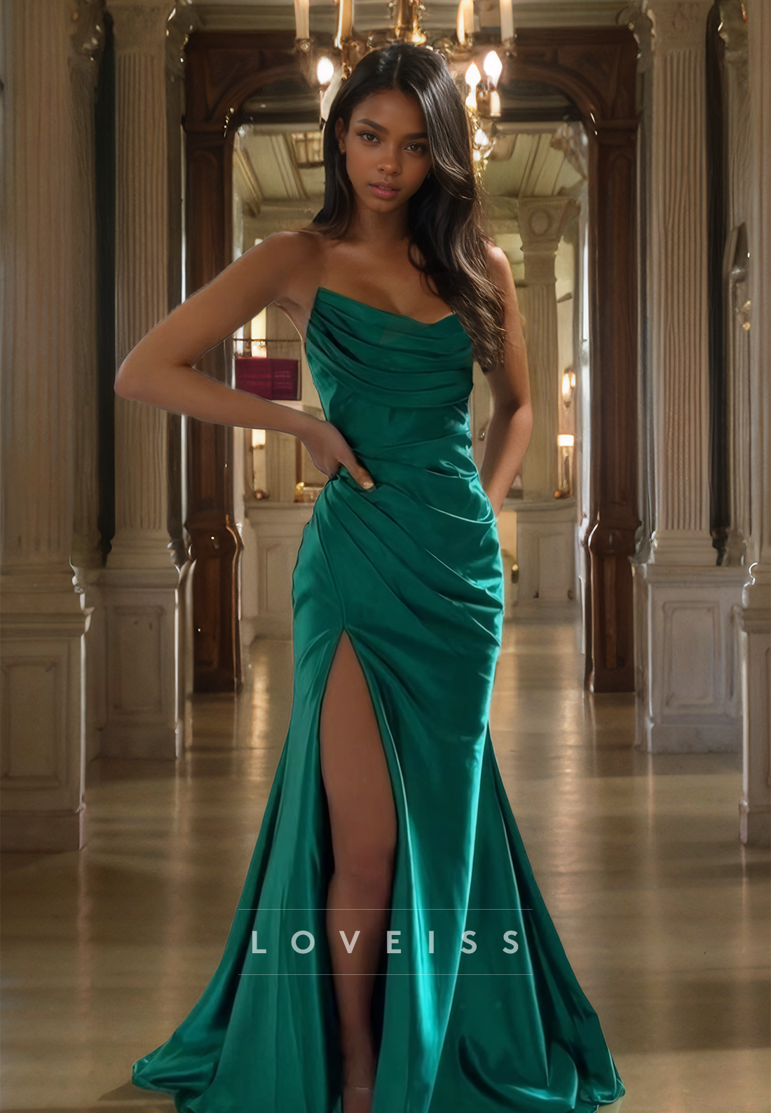 Strapless Sleeveless Pleated Ruched Side Slit Mermaid Prom Dress